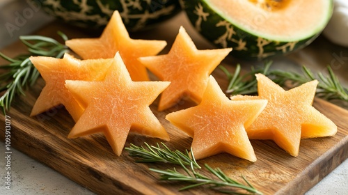 A muskmelon cut into star shapes, styled with sprigs of rosemary on a wooden cutting board photo