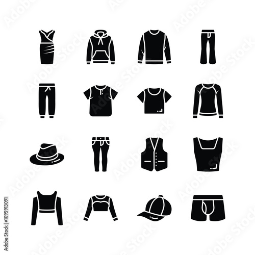 A collection of icons representing various clothing items, including a dress, hoodie, sweater, pants, joggers, and underwear.