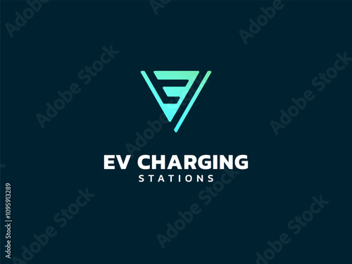 Electric vehicle charging with letter EV overlapping in triangle geometry logo vector design concept. EV charging logotype symbol for Electric Car, EV station, ui, business, clean energy, mobility.