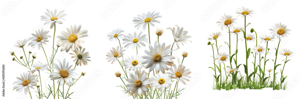 Collection of Growing blooming daisies isolated on transparent or white background Collection of Growing blooming daisies isolated on transparent or white background