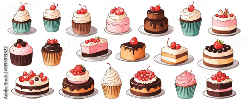 set of cute delicious cakes on white background