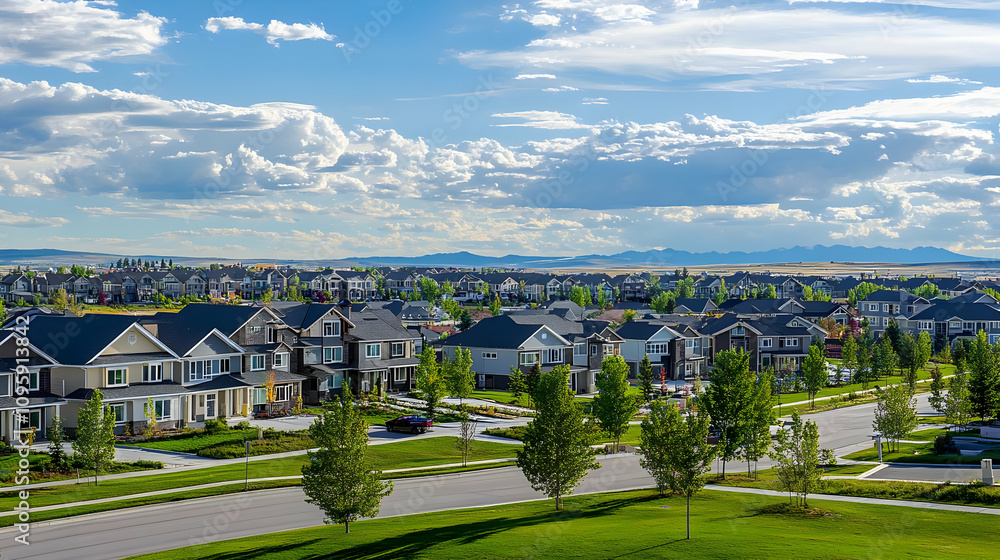 Real estate picture birds eye view neighborhood - A scenic view of a suburban neighborhood with homes, trees, and mountains in the background. Real estate picture birds eye view neighborhood - A scenic view of a suburban neighborhood with homes, trees, and mountains in the background.