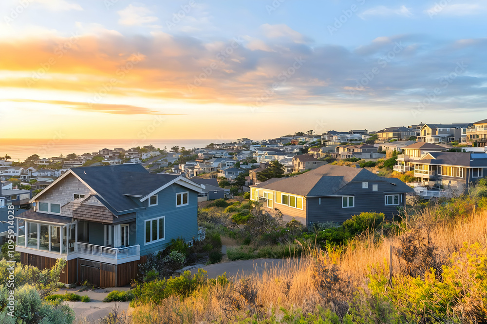 Real estate picture birds eye view neighborhood - Scenic view of coastal houses at sunset with vibrant colors and natural surroundings. Real estate picture birds eye view neighborhood - Scenic view of coastal houses at sunset with vibrant colors and natural surroundings.