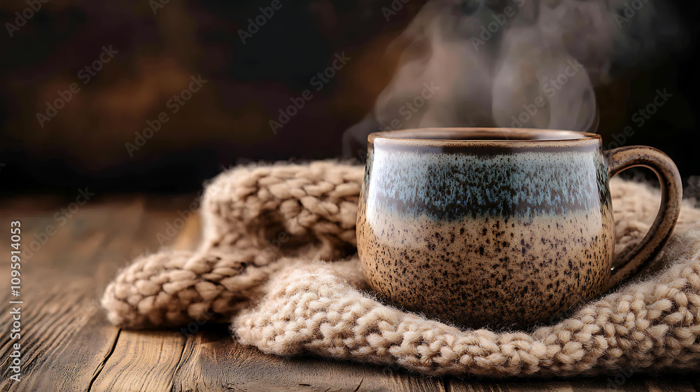 A steaming warm drink in a rustic ceramic mug, placed on a wooden table with a cozy knitted scarf beside it A steaming warm drink in a rustic ceramic mug, placed on a wooden table with a cozy knitted scarf beside it