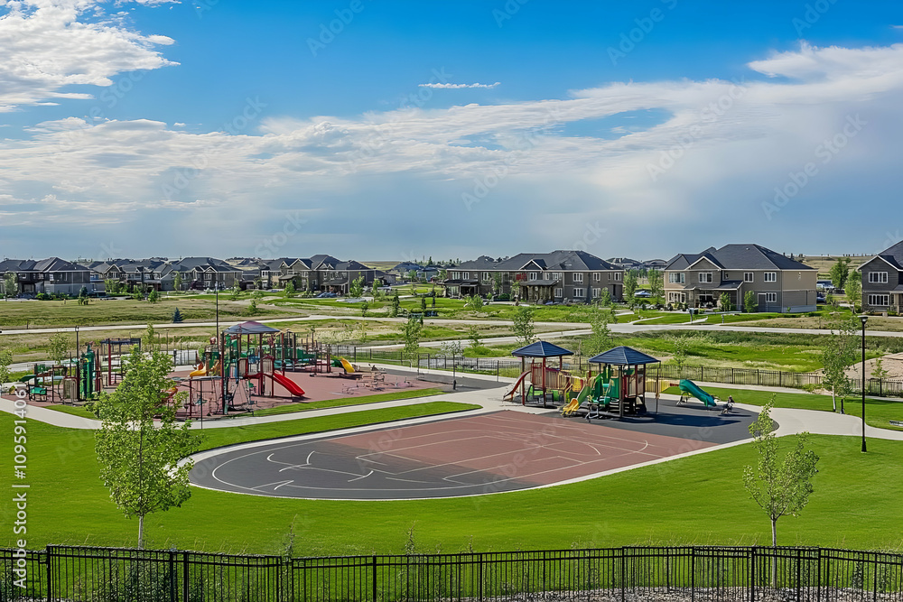 Real estate picture birds eye view neighborhood - A vibrant playground and sports court in a suburban area under a clear blue sky. Real estate picture birds eye view neighborhood - A vibrant playground and sports court in a suburban area under a clear blue sky.