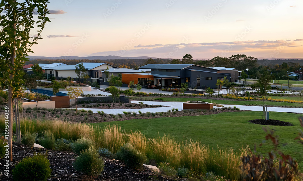 Real estate picture birds eye view neighborhood - Scenic view of a modern residential community with landscaped gardens and sunset backdrop. Real estate picture birds eye view neighborhood - Scenic view of a modern residential community with landscaped gardens and sunset backdrop.