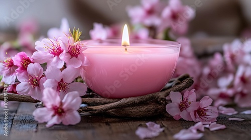 aroma candles with sakura scent，background is full of flowers, aroma candles wallpaper