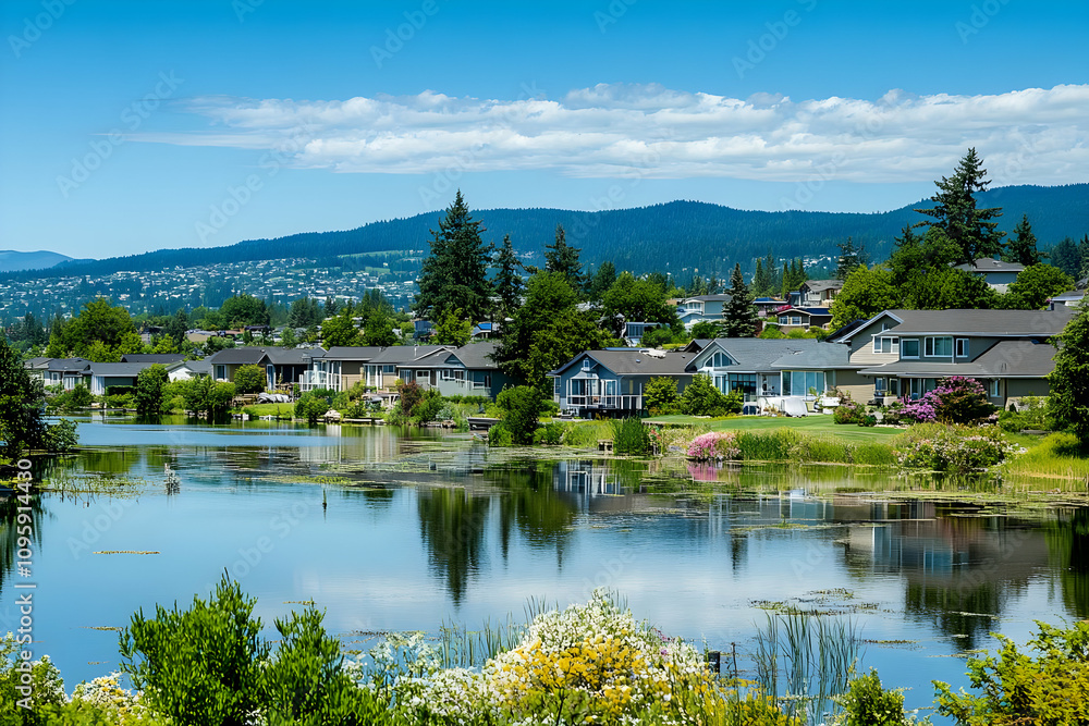 Real estate picture birds eye view neighborhood - Serene lakeside view with homes reflecting in calm water under a clear blue sky. Real estate picture birds eye view neighborhood - Serene lakeside view with homes reflecting in calm water under a clear blue sky.
