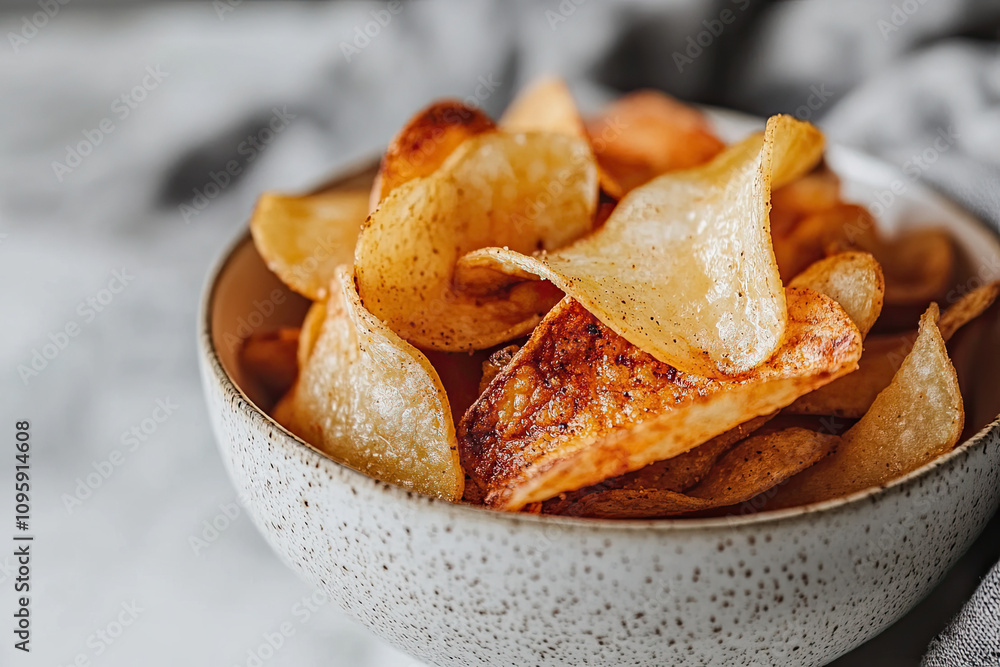 White bowl of potato chips on white background White bowl of potato chips on white background