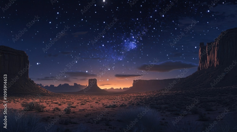 Fototapeta premium Star-filled night sky over a desert landscape, emphasizing vastness and solitude