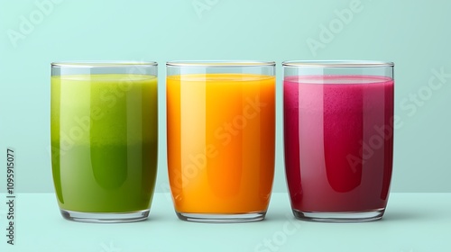 Three colorful juice glasses (green, orange, and pink) displayed against a light blue background, showcasing vibrant, refreshing beverages.