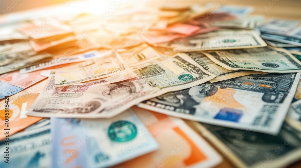 Scattered Currency Notes on Table with Dramatic Lighting Scattered Currency Notes on Table with Dramatic Lighting