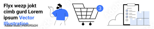Character in blue shirt gesturing, shopping cart with number 3, mobile checklist on clipboard, bar chart. Ideal for e-commerce, mobile apps, shopping platforms, online stores, retail management