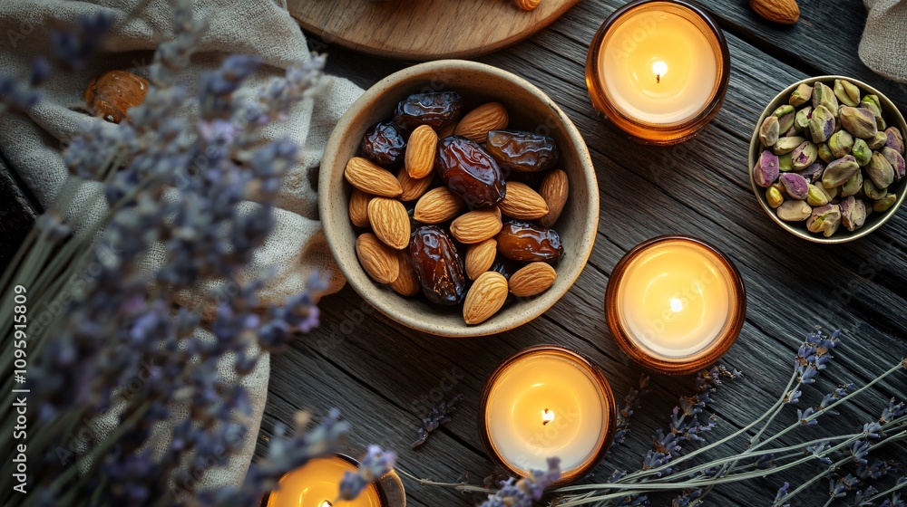 A rustic ceramic dish with dried dates, almonds, and pistachios, surrounded by dried lavender and soft candles A rustic ceramic dish with dried dates, almonds, and pistachios, surrounded by dried lavender and soft candles