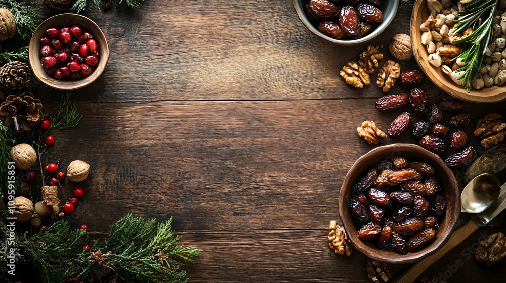 A rustic holiday spread featuring dried dates, nuts, and seasonal herbs, placed on an old-fashioned wooden table A rustic holiday spread featuring dried dates, nuts, and seasonal herbs, placed on an old-fashioned wooden table