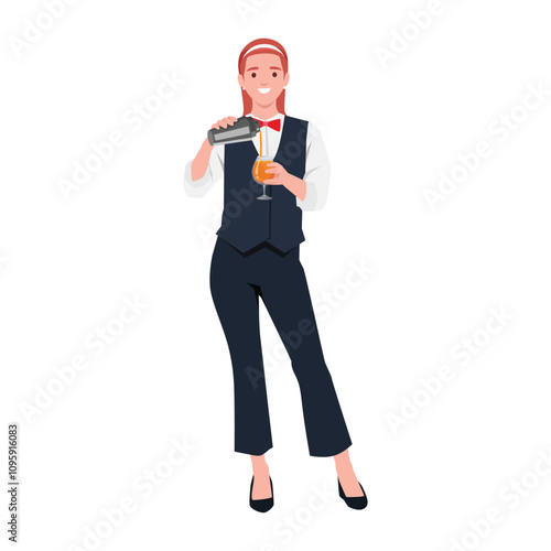 Young woman bartender makes a cocktail at the bar. Flat vector illustration isolated on white background