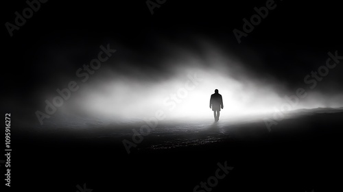 Mysterious figure walking in fog dark landscape photography night isolation