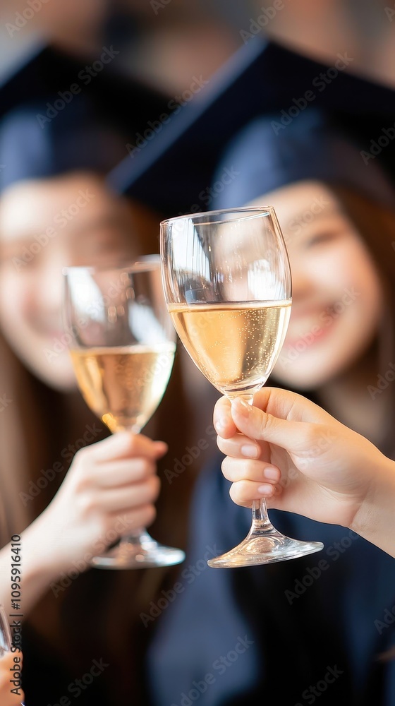 Graduation celebration with friends toasting with glasses of sparkling wine. Graduation celebration with friends toasting with glasses of sparkling wine.