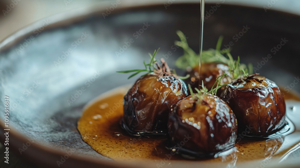 Close up shot of a few dried dates placed delicately on a rustic ceramic plate with a light drizzle of honey Close up shot of a few dried dates placed delicately on a rustic ceramic plate with a light drizzle of honey