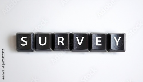 Conceptual image of the word survey on keyboard keys white background