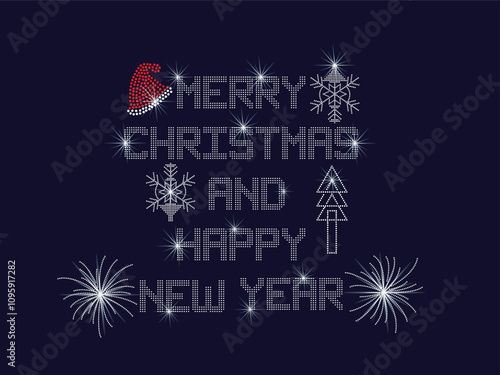 Merry Christmas and Happy New Year rhinestone applique for t-shirts, hoodies, jackets, tote bags, caps,  heat transfer rhinestone applications on fabrics, DIY Projects, hot-fix, Trendy crystal studs