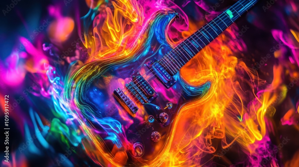 Fototapeta premium Electric guitar surrounded by holographic flames, dark background, intense colors