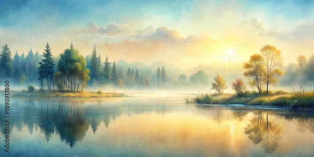 Misty Sunrise Lake Reflection Digital Painting, Golden Hour Landscape, Trees, Fog Landscape painting, digital art Misty Sunrise Lake Reflection Digital Painting, Golden Hour Landscape, Trees, Fog Landscape painting, digital art
