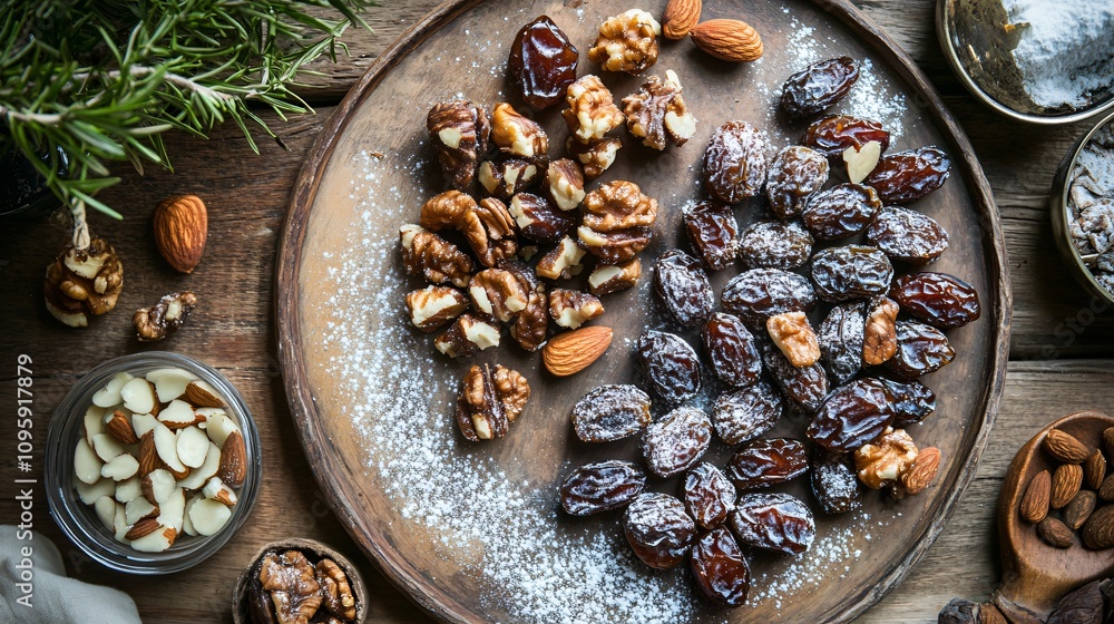 Dried dates, walnuts, and almonds styled on a rustic platter with a sprinkle of powdered sugar Dried dates, walnuts, and almonds styled on a rustic platter with a sprinkle of powdered sugar