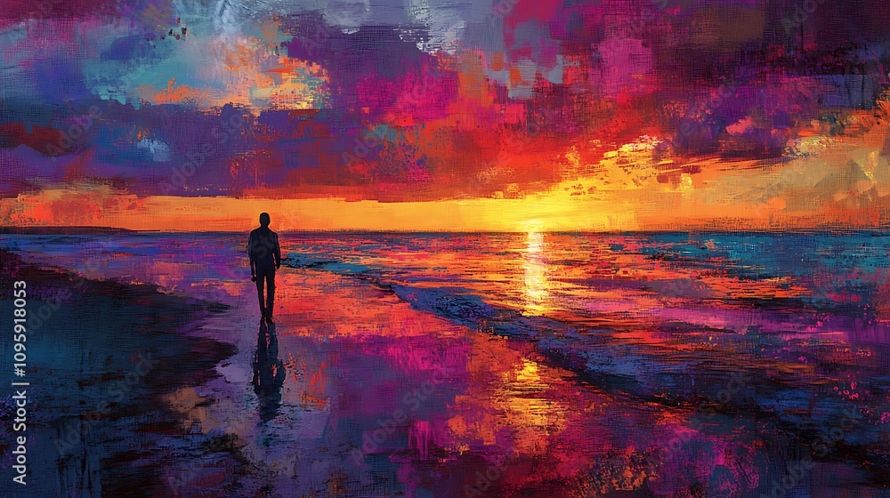 Fototapeta premium Sunset walk on the beach coastal landscape digital art serenity