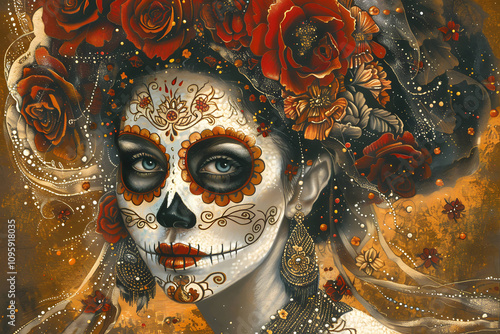 Colorful Day of the Dead face with floral headpiece art