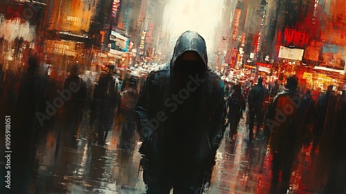 Urban mystery hooded figure in rainy city streets new york art