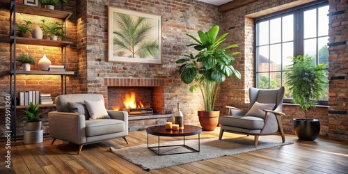 Eye-Level View Cozy Living Room with Fireplace and Plants, Brick Walls, Wooden Floor, Grey Armchairs, 3D Render, Interior Design Interior Design, 3D Rendering