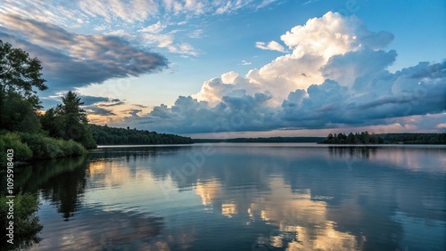 a beautiful and tranquil lake scene at dusk with fluffy white clouds in the background, water, clouds, summer