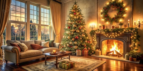 Wallpaper Mural Cozy Christmas Living Room Interior Design Composition, Fireplace, Decorated Tree, Sunset View, Christmas Decor Christmas, Interior Design, Festive Torontodigital.ca