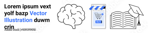Brain and text, smartphone with shopping cart, open book with graduation cap. Ideal for e-learning, online shopping, educational apps, brain training, digital marketing, academic resources, website