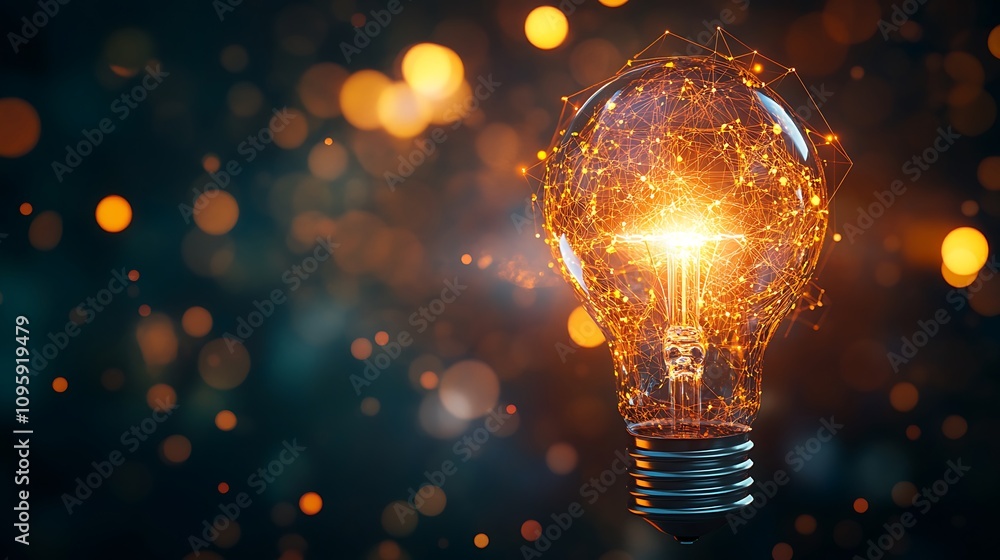 Glowing light bulb on bokeh background. 3D rendering - Generated AI Glowing light bulb on bokeh background. 3D rendering - Generated AI