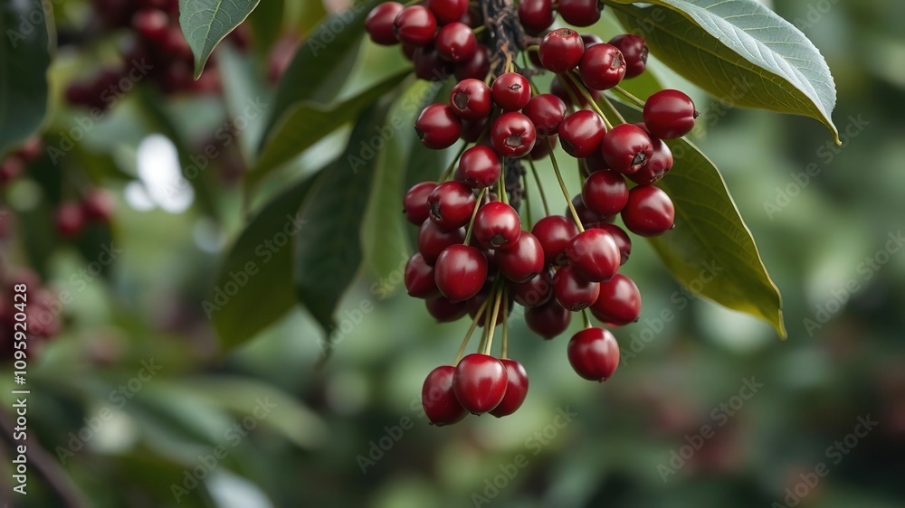 Obraz premium A cluster of red cherry coffee beans hanging from a tree branch, nature, coffee beans, beans