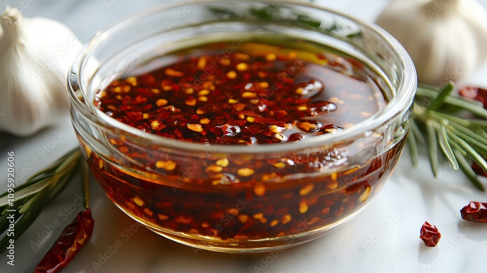A clear bowl of chili oil with red chili flakes floating, surrounded by garlic heads and olive branches A clear bowl of chili oil with red chili flakes floating, surrounded by garlic heads and olive branches