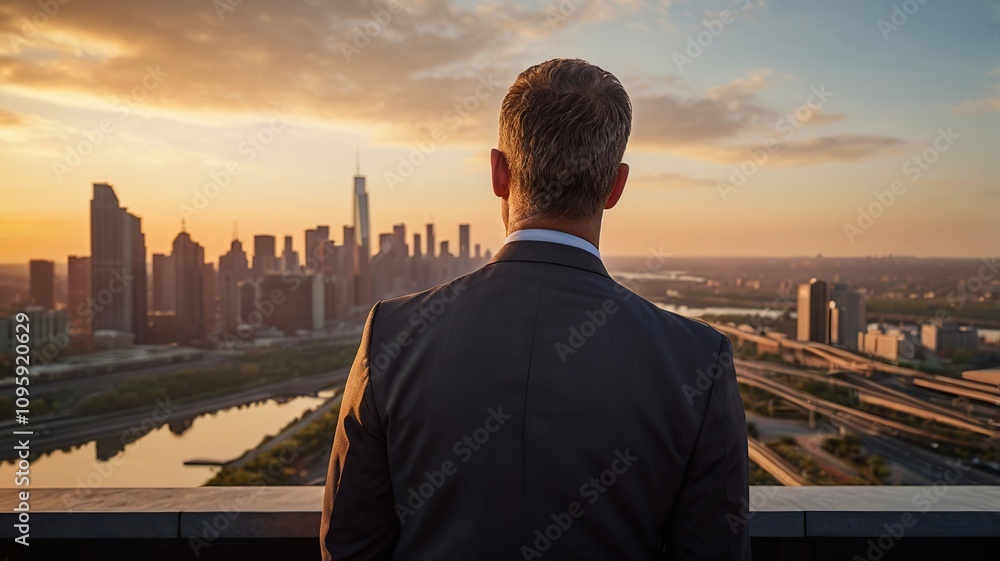 A businessman gazes out at a city skyline during sunset, reflecting on opportunities and challenges.