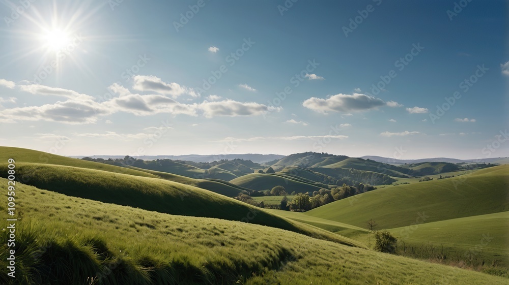 Obraz premium Rolling green hills under a clear blue sky during a sunny day in a countryside background