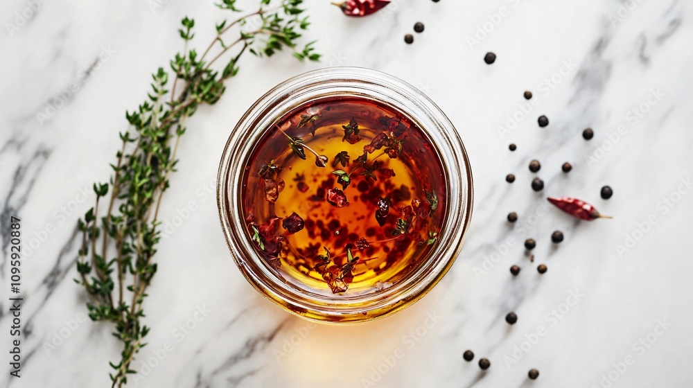 A decorative jar of chili oil on a marble countertop, with sprigs of thyme and a scattering of black peppercorns A decorative jar of chili oil on a marble countertop, with sprigs of thyme and a scattering of black peppercorns