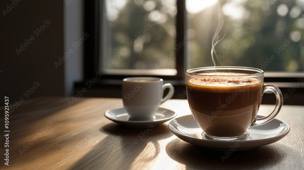 Fototapeta premium A glass of coffee sits on a table with soft morning light streaming through the window.