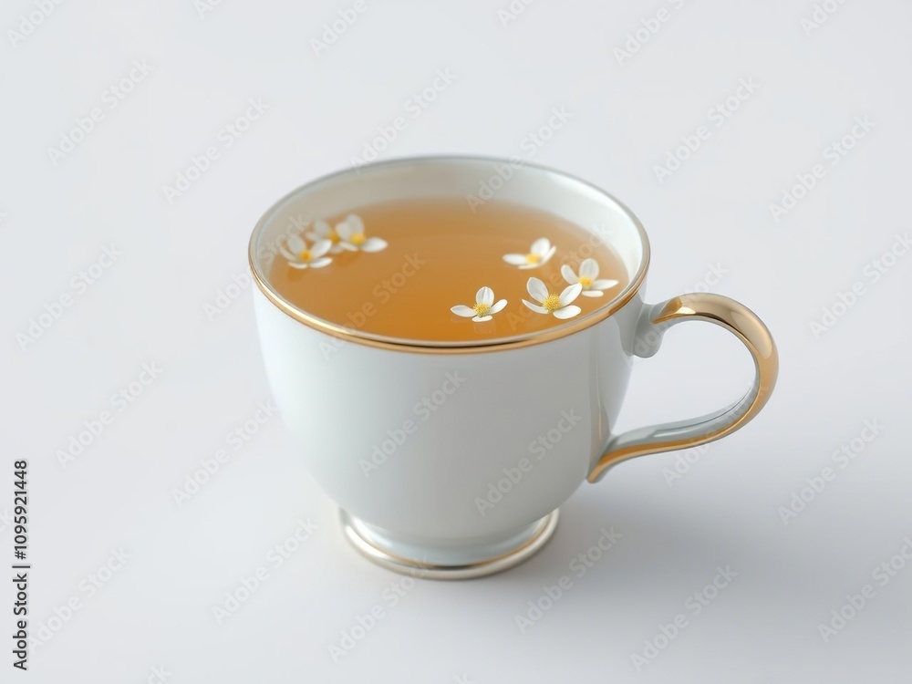 A delicate tea drinker's cup filled with a light-colored tea and adorned with small white flowers, delicate cup, dainty, elegant A delicate tea drinker's cup filled with a light-colored tea and adorned with small white flowers, delicate cup, dainty, elegant