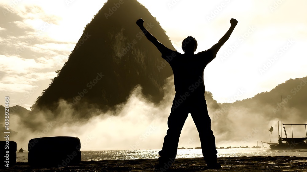Fototapeta premium of a man lifting his arms in triumph, with fog swirling around a mountain peak in the background.Double Exposure.[men]:[Fog in nature] 
