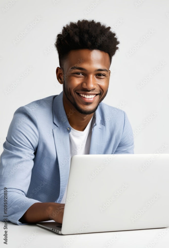 Young man using laptop smiling at camera white background technology black businessman portrait Ultra realistic Photorealistic hyperdetailed photography soft light head and shoulders portrait cover Young man using laptop smiling at camera white background technology black businessman portrait Ultra realistic Photorealistic hyperdetailed photography soft light head and shoulders portrait cover