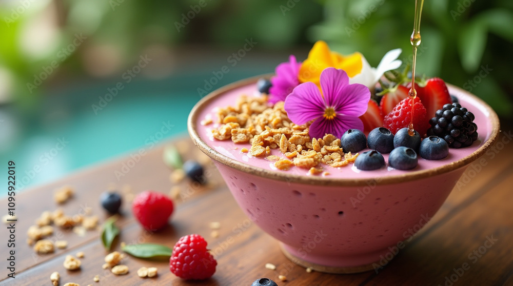 A vibrant and creamy pink coconut smoothie bowl topped with granola, fresh berries, and edible flowers. The bowl is placed on a wooden table, with a light drizzle of honey and a tropical ambiance. A vibrant and creamy pink coconut smoothie bowl topped with granola, fresh berries, and edible flowers. The bowl is placed on a wooden table, with a light drizzle of honey and a tropical ambiance.