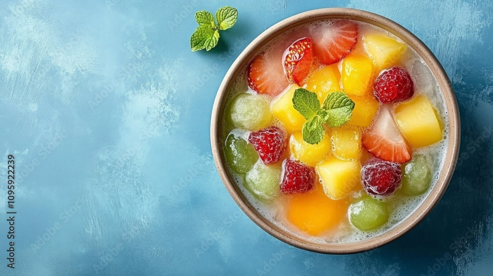 Refreshing fruit salad in a bowl with strawberries, mango, raspberries, and green grapes.