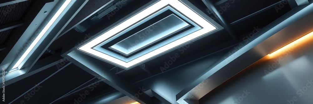 A futuristic ceiling light installation on a sleek silver-black roof structure with angular accents, black roof, ambient illumination A futuristic ceiling light installation on a sleek silver-black roof structure with angular accents, black roof, ambient illumination