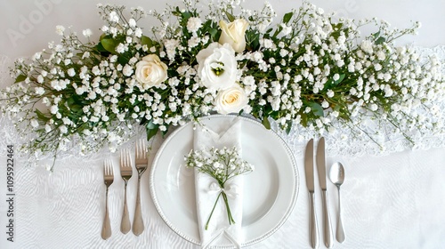 Elegant Table Setting with White Roses and Baby's Breath for Weddings, Celebrations, and Special Occasions with Plate and Cutlery Arranged Nicely photo