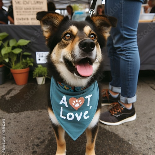 A mutt with a wagging tail wearing a bandana that reads 'Adopt Love' at an adoption event.